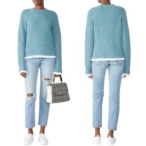 Milly Shirting Trim Ribbed Blue Marled Knit Sweater Medium Wool Ruffle Cuff Hem